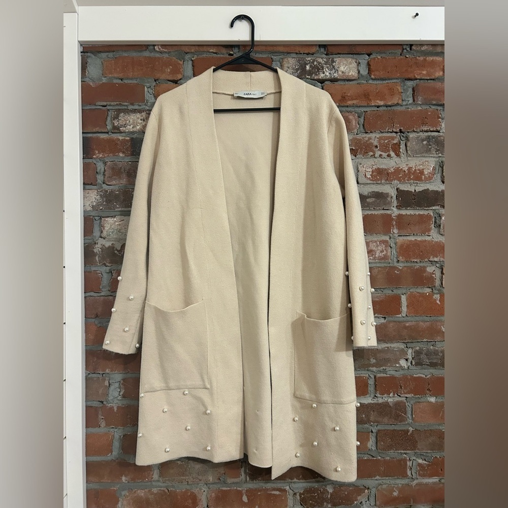 Zara Knit Cream Open Front Cardigan with Pearls Size S